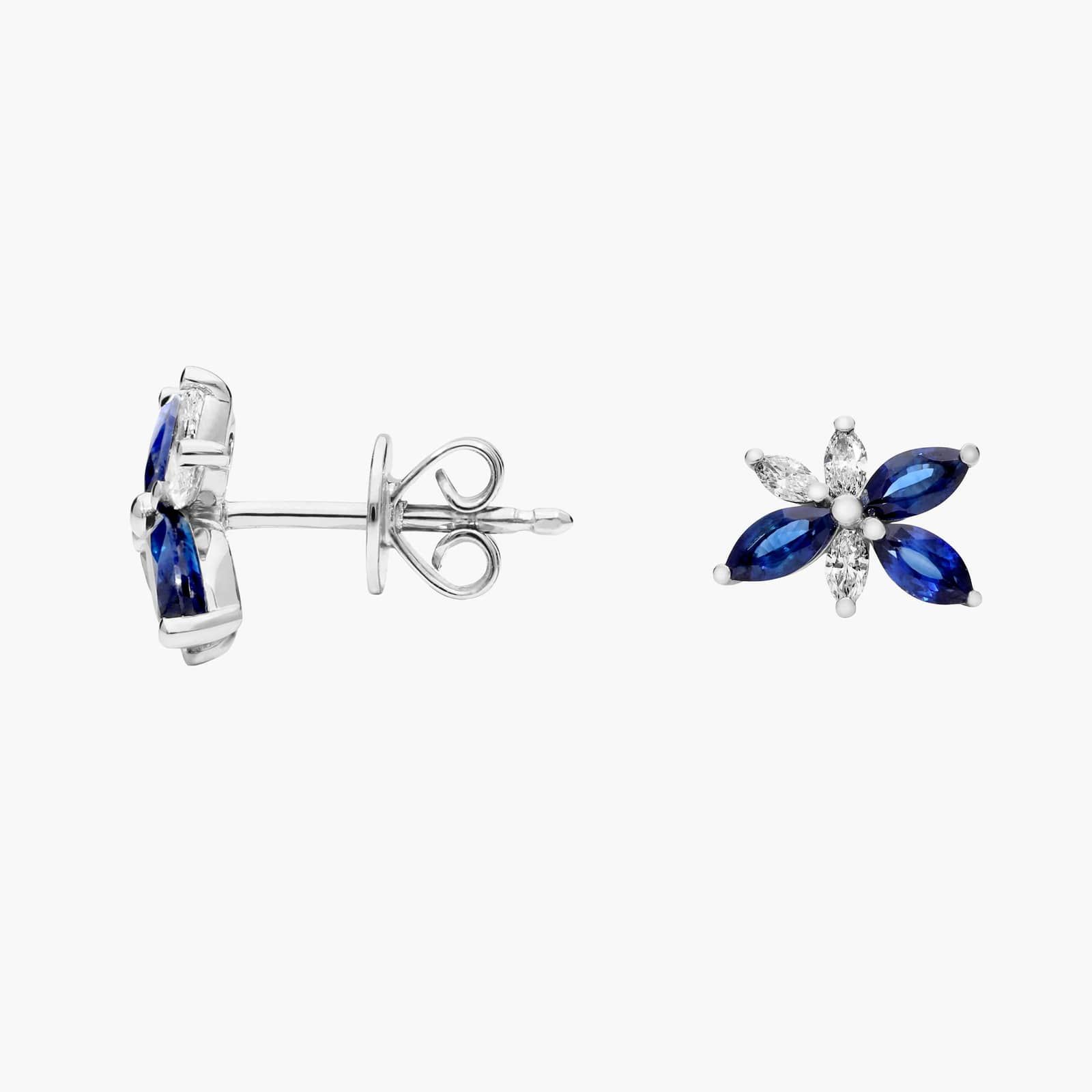 Marquise Cut Blue Sapphire and Diamond Stud Earrings in 14K White Gold