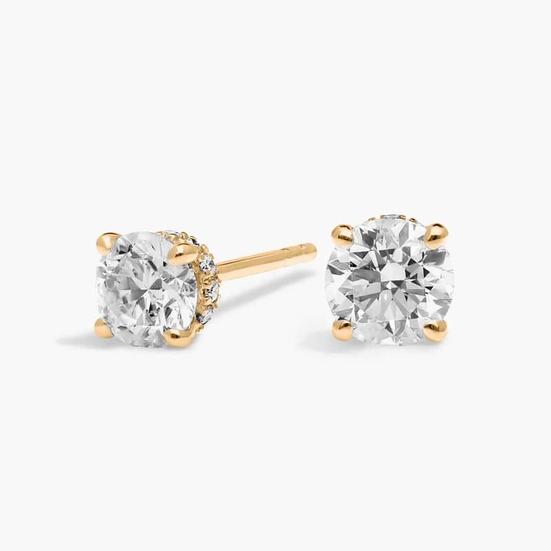 Hidden Halo Stud Earrings with 1 CTW Round Cut Diamonds in 14K Yellow Gold
