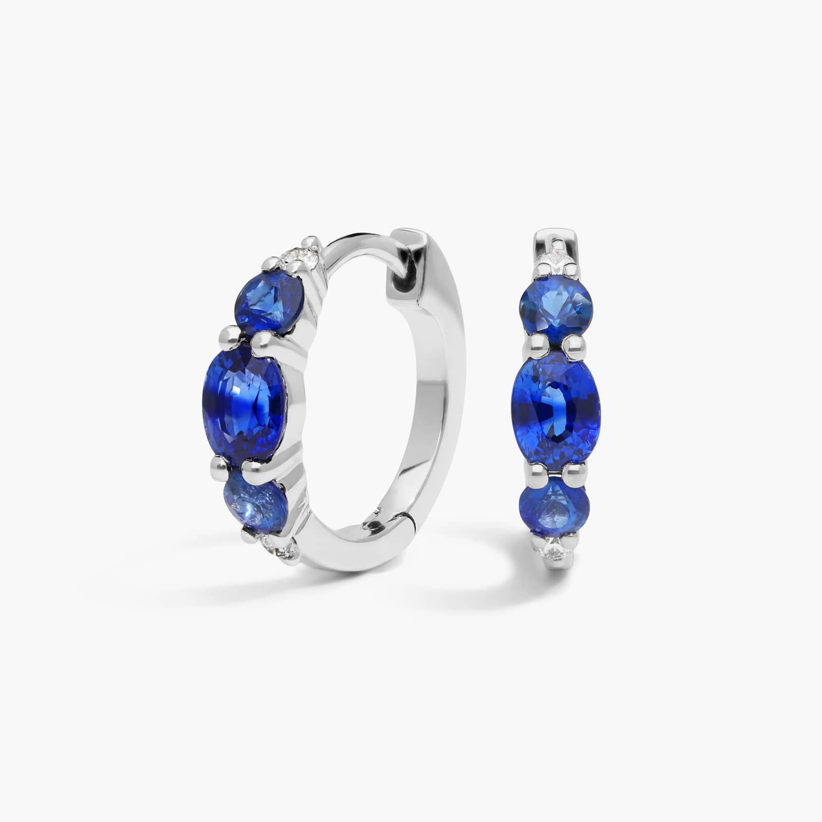 Blue Sapphire and Diamond Hoop Earrings with Round Cut Diamonds in 14K White Gold