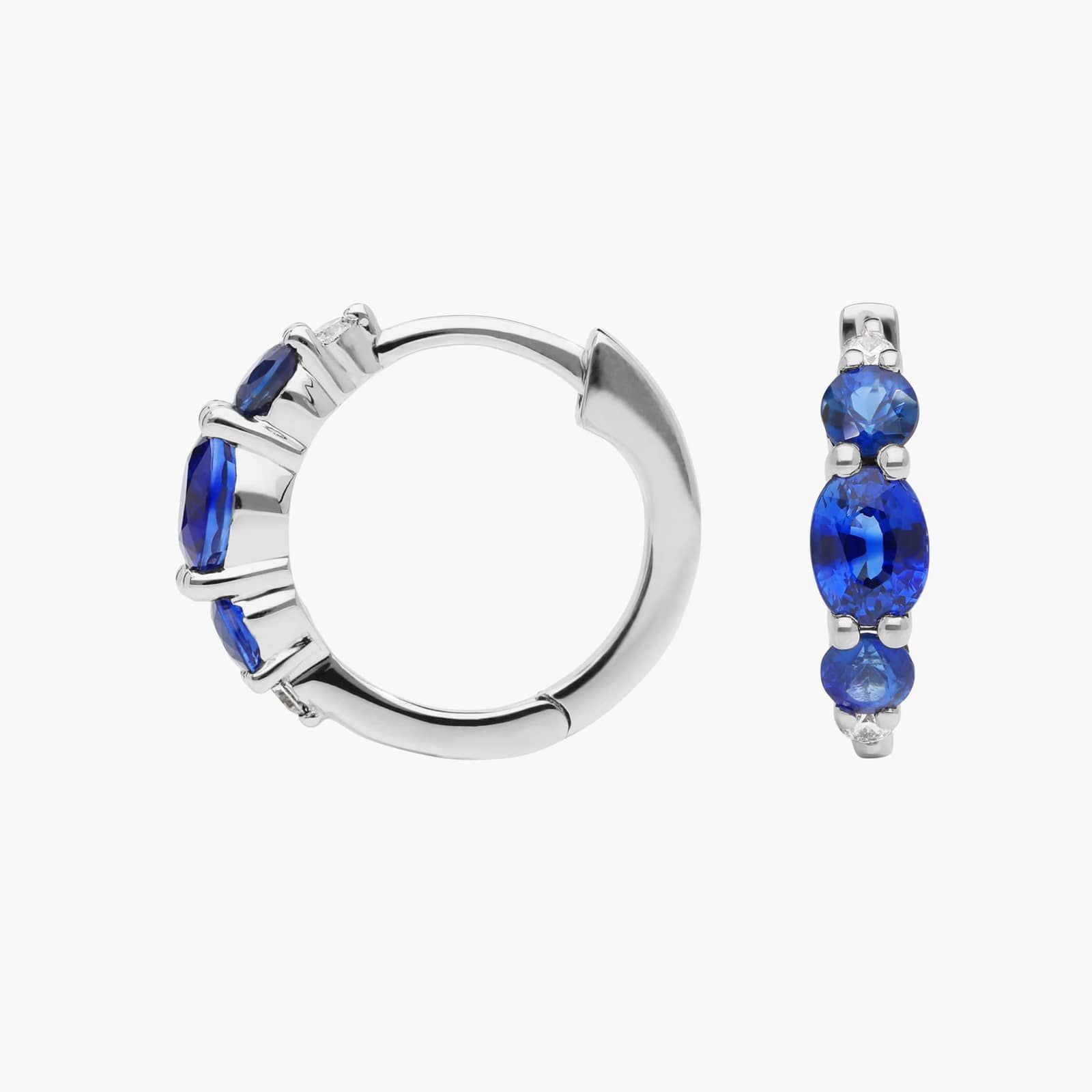 Blue Sapphire and Diamond Hoop Earrings with Round Cut Diamonds in 14K White Gold