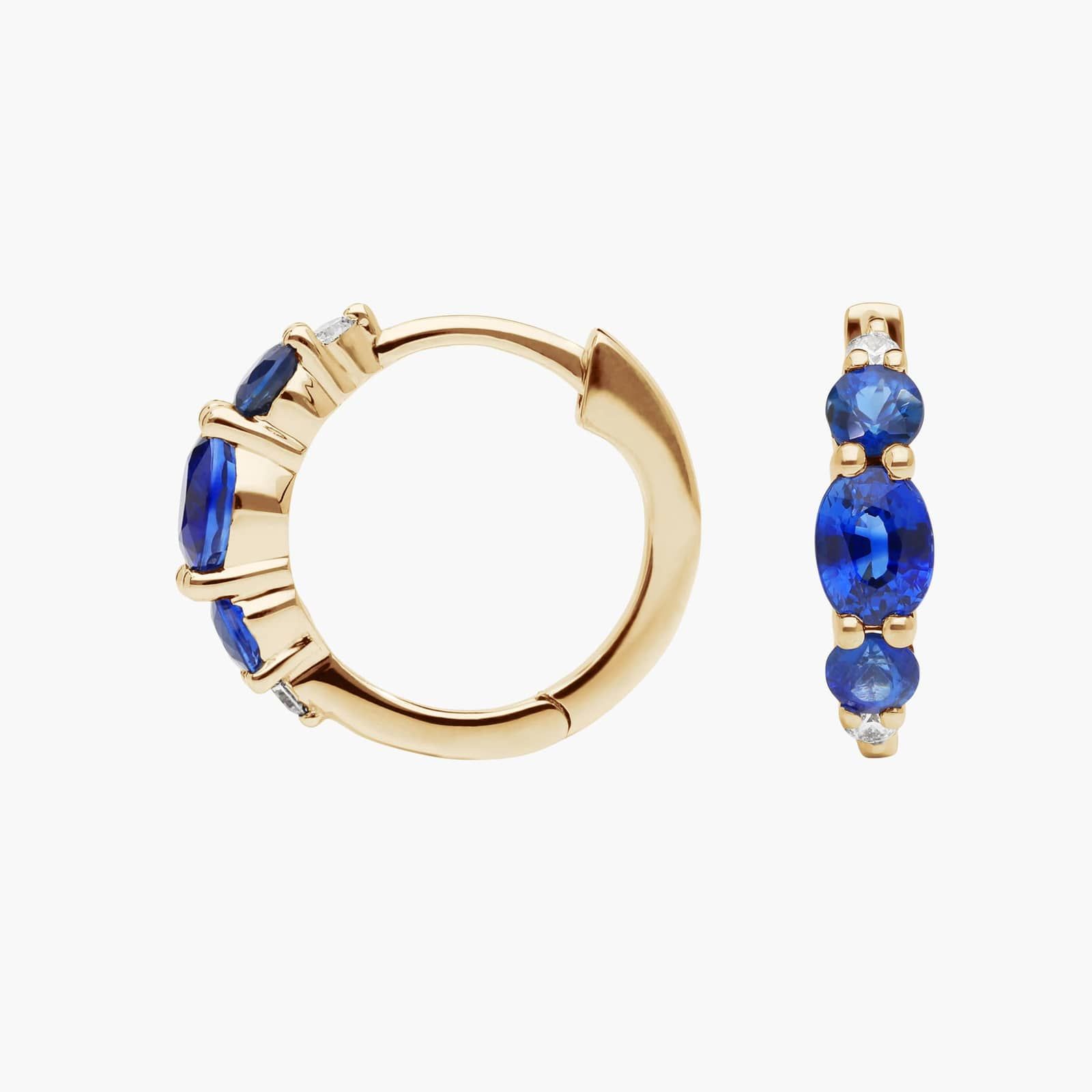 Blue Sapphire and Diamond Hoop Earrings with Round Cut Diamonds in 14K Yellow Gold