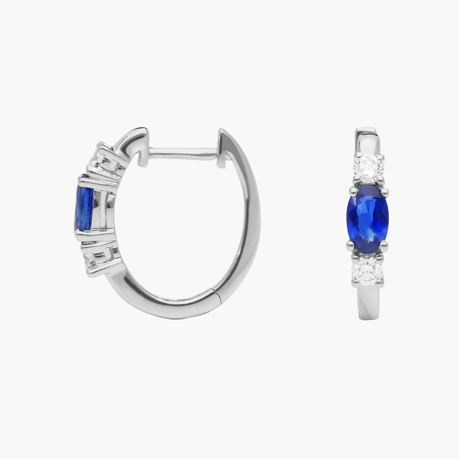 Oval Blue Sapphire and Diamond Hoop Earrings in 14K White Gold