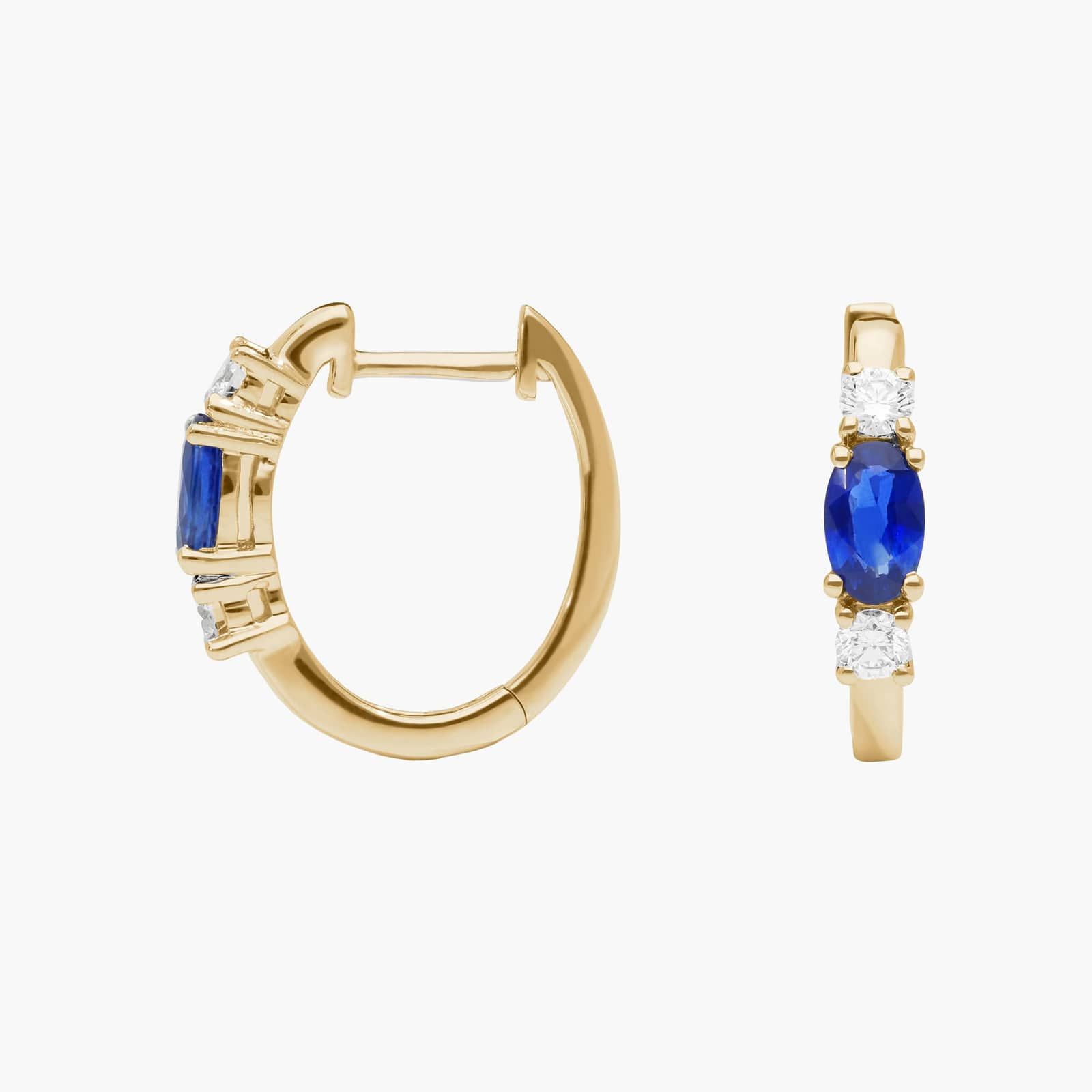 Oval Blue Sapphire and Diamond Hoop Earrings in 14K Yellow Gold