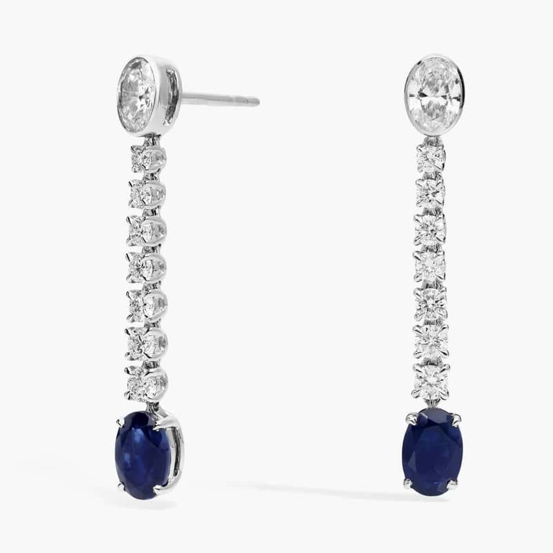 Oval Cut Blue Sapphire Drop Earrings with 1 CTW Oval and Round Cut Lab-Grown Diamonds in 14K White Gold