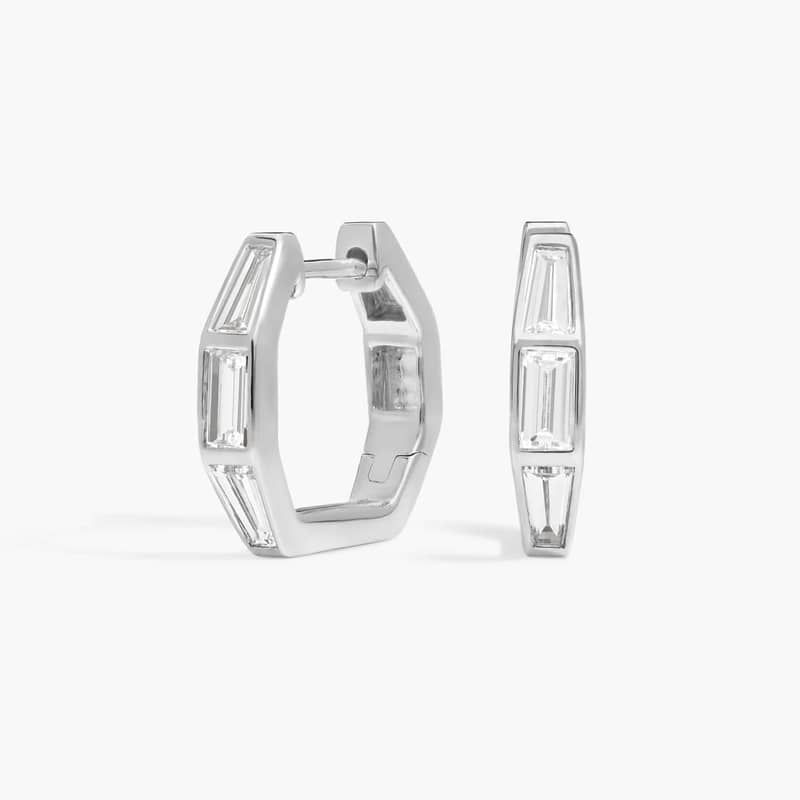 Baguette Cut Lab-Grown Diamond Huggie Earrings 14K White Gold