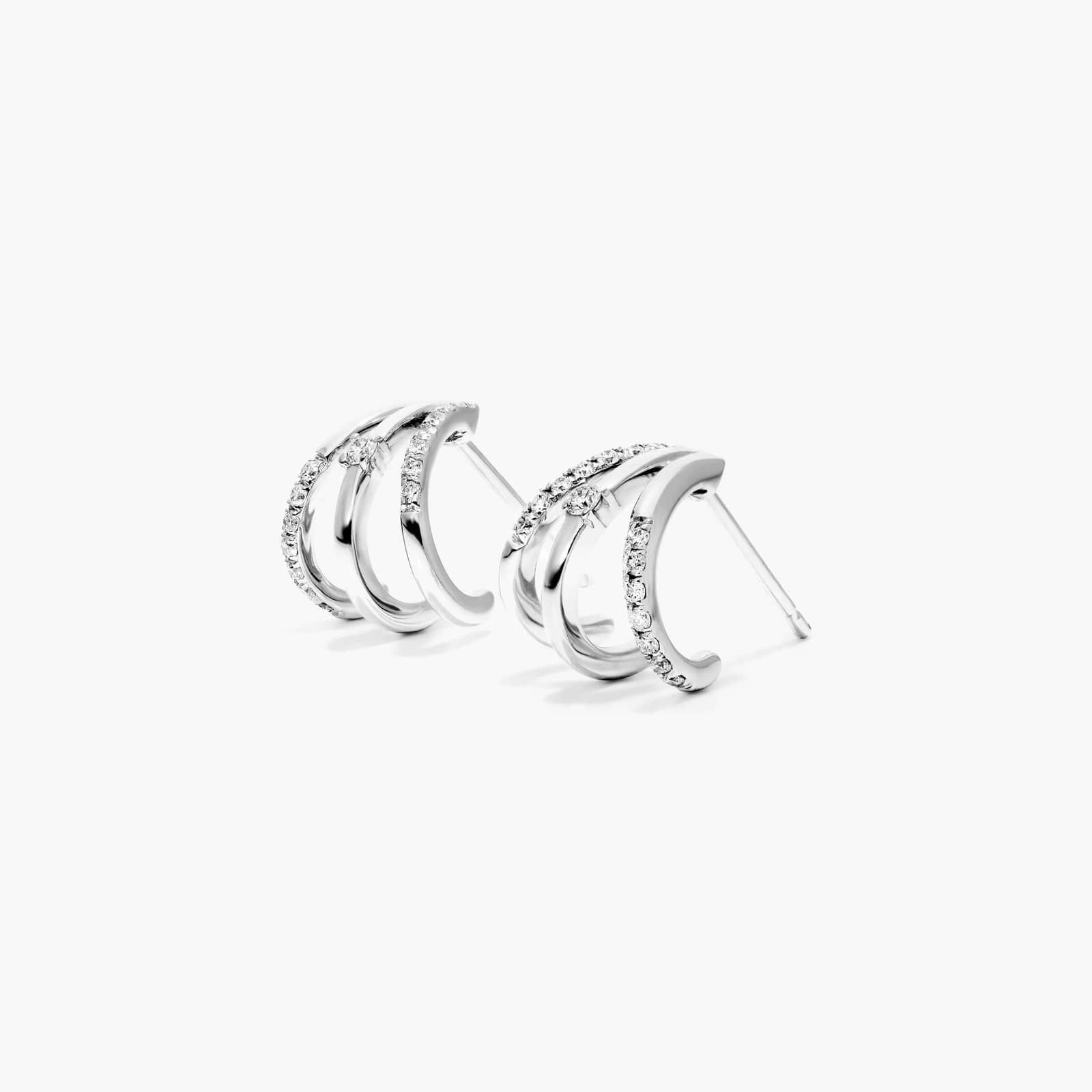 Triple Row Diamond Huggie Earrings In 14K White Gold By Brevani