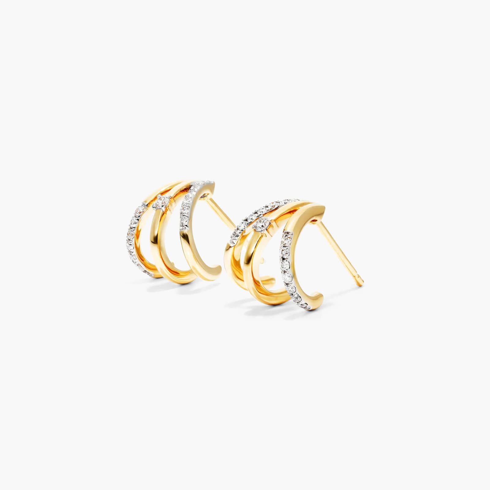 Triple Row Diamond Huggie Earrings In 14K Yellow Gold By Brevani