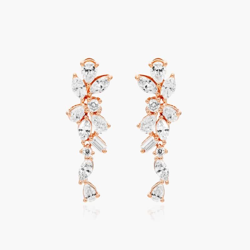 Whimsical Floral Cluster Diamond Drop Earrings In 14K Rose Gold