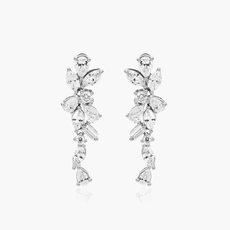 Whimsical Floral Cluster Diamond Drop Earrings In 14K White Gold