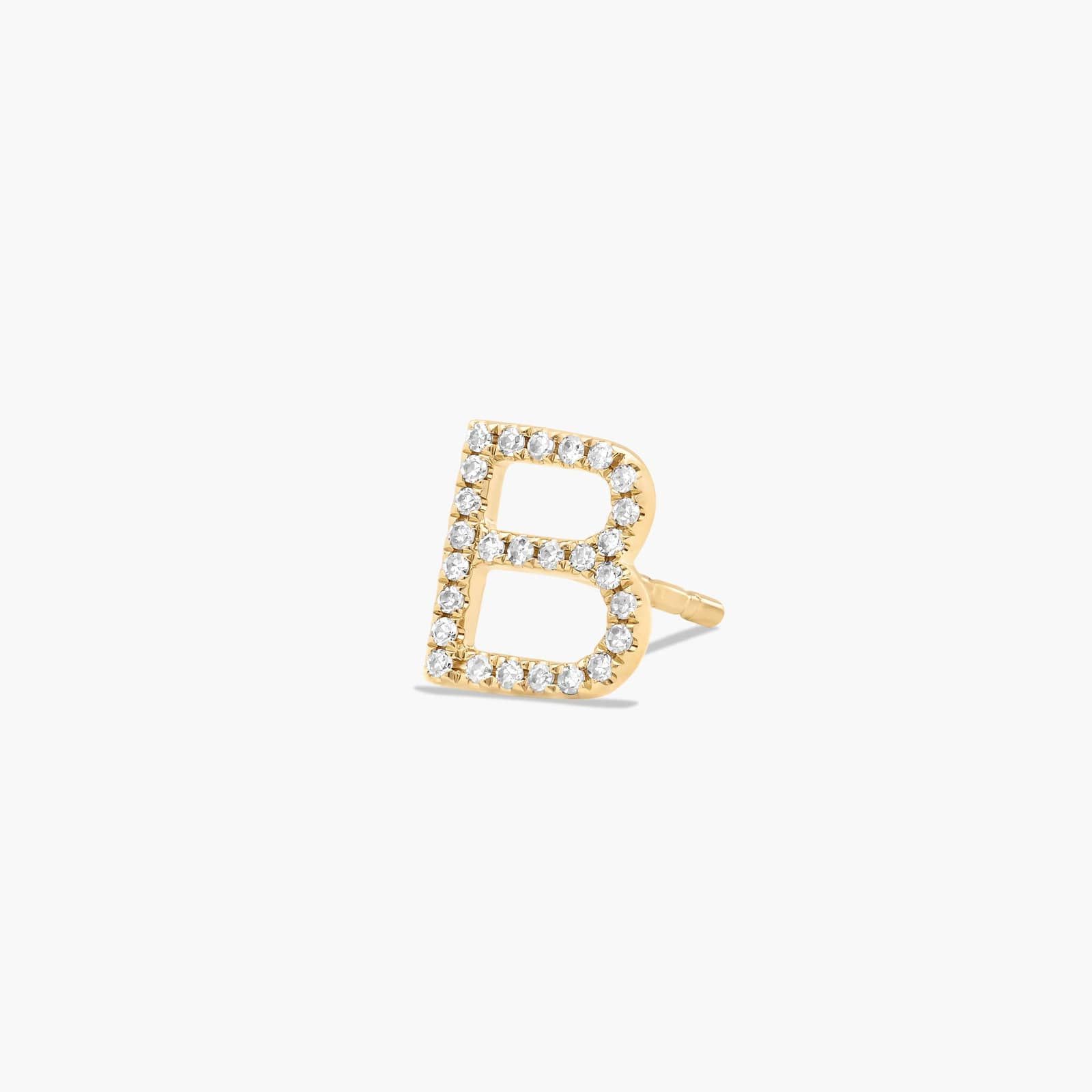 B Initial Pavé Diamond Stud Earring In 14K Yellow Gold