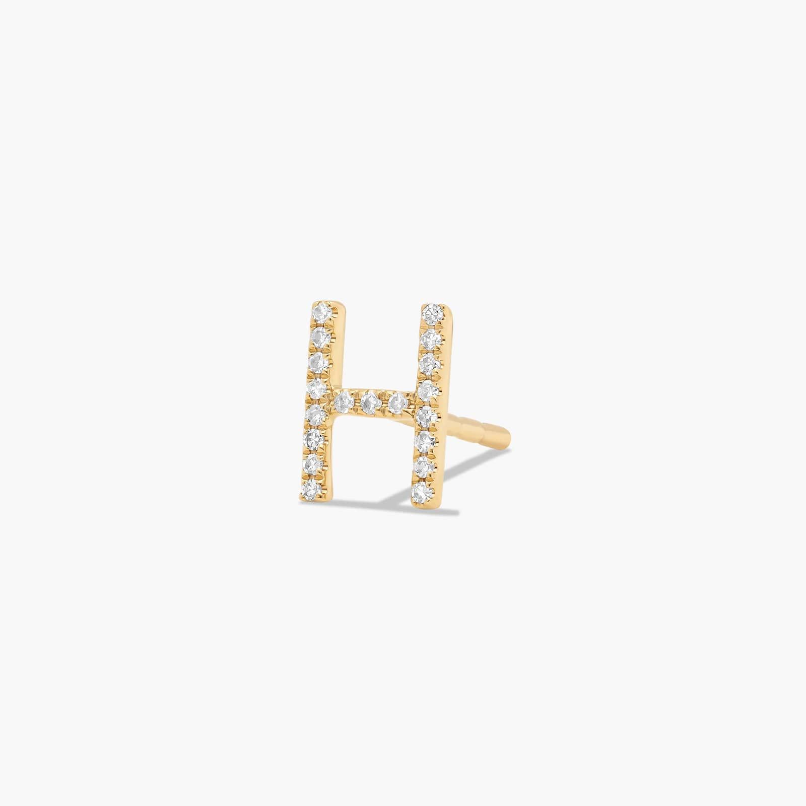 H Initial Pavé Diamond Stud Earring In 14K Yellow Gold