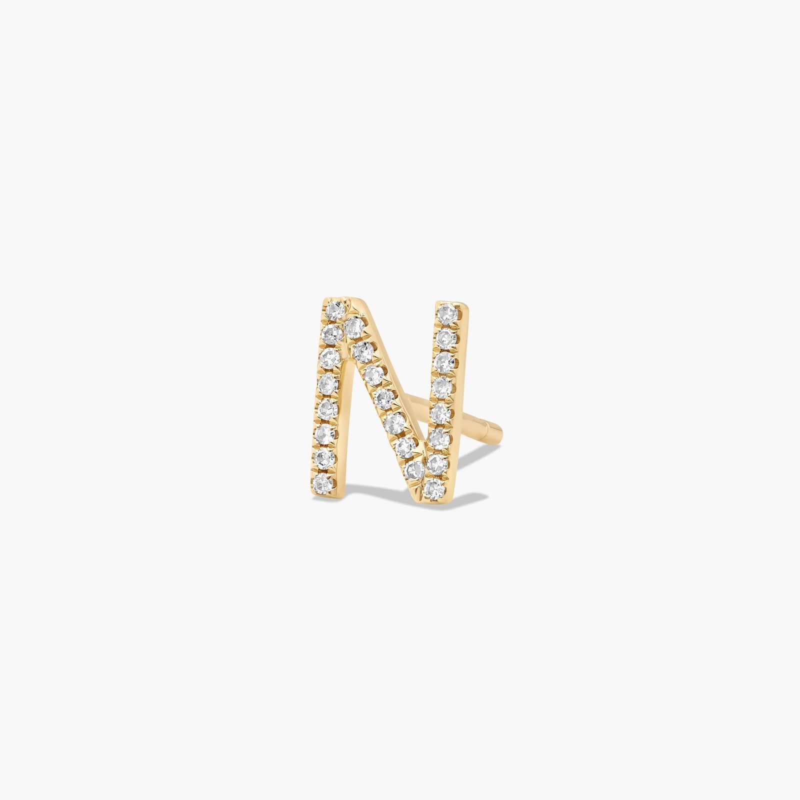 N Initial Pavé Diamond Stud Earring In 14K Yellow Gold