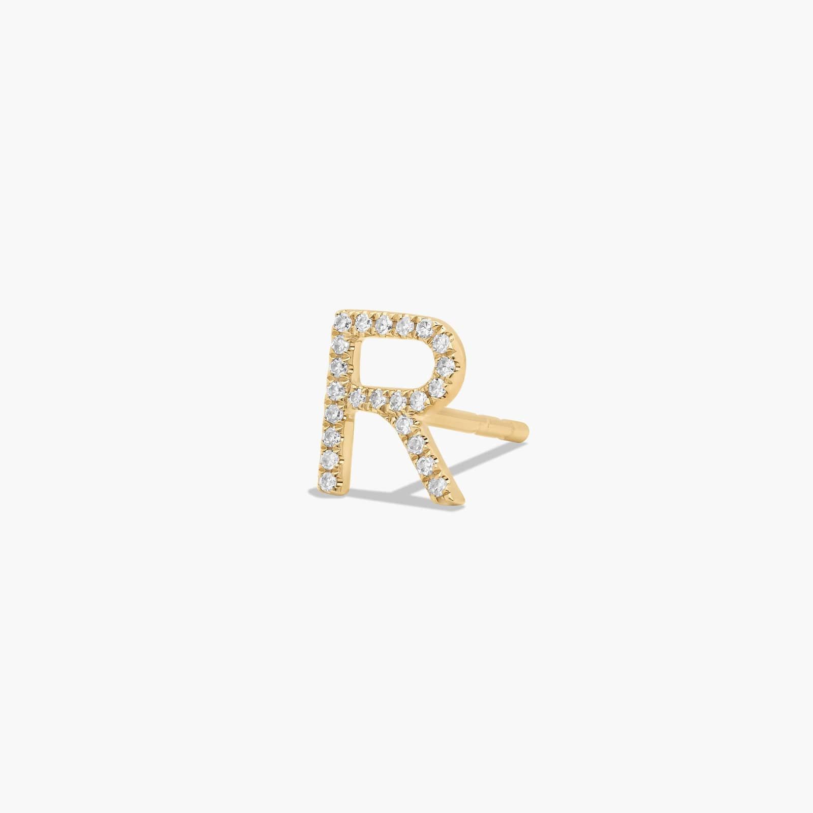 R Initial Pavé Diamond Stud Earring In 14K Yellow Gold