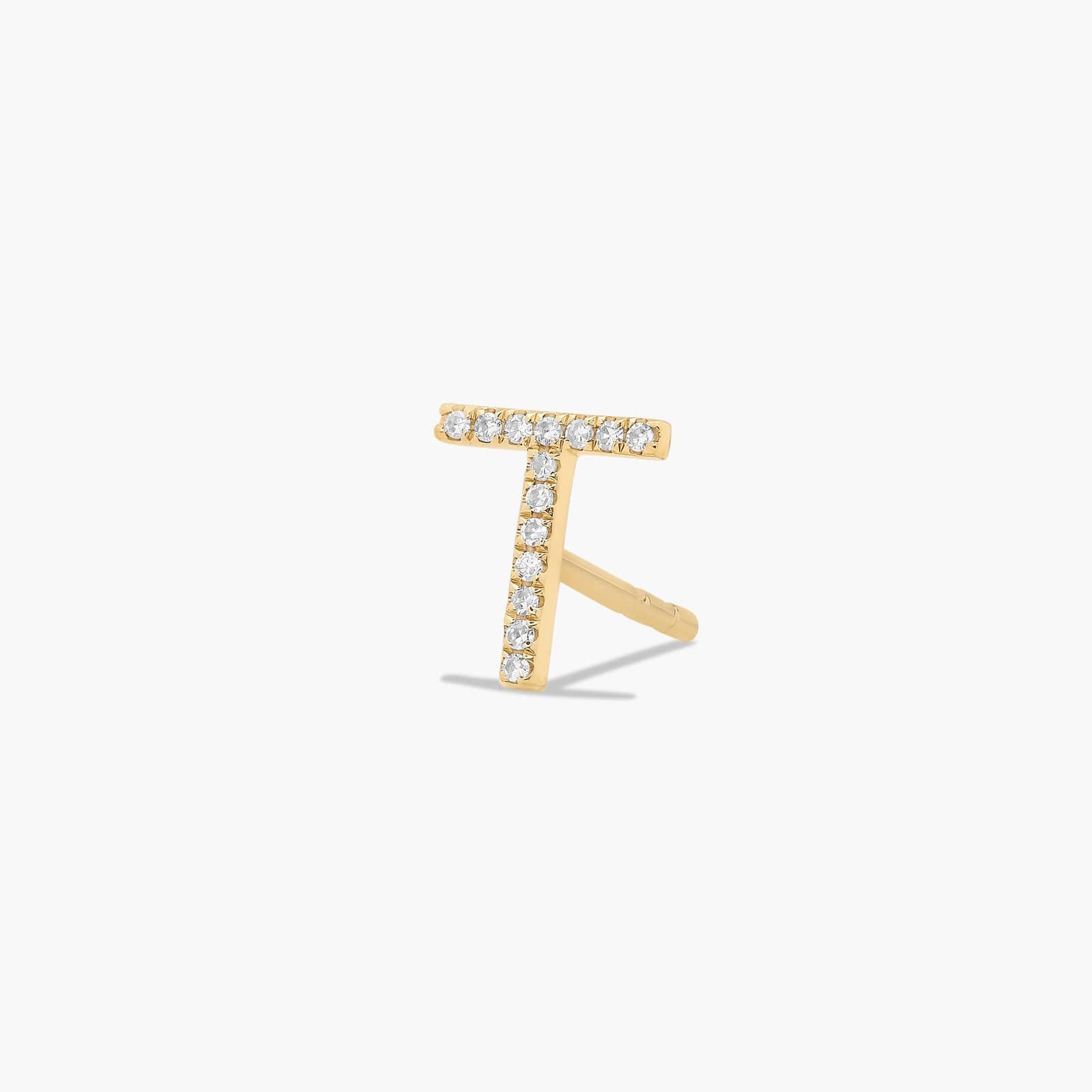 T Initial Pavé Diamond Stud Earring In 14K Yellow Gold