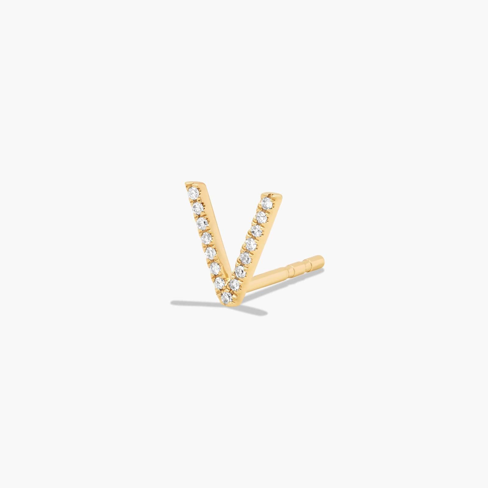 V Initial Pavé Diamond Stud Earring In 14K Yellow Gold