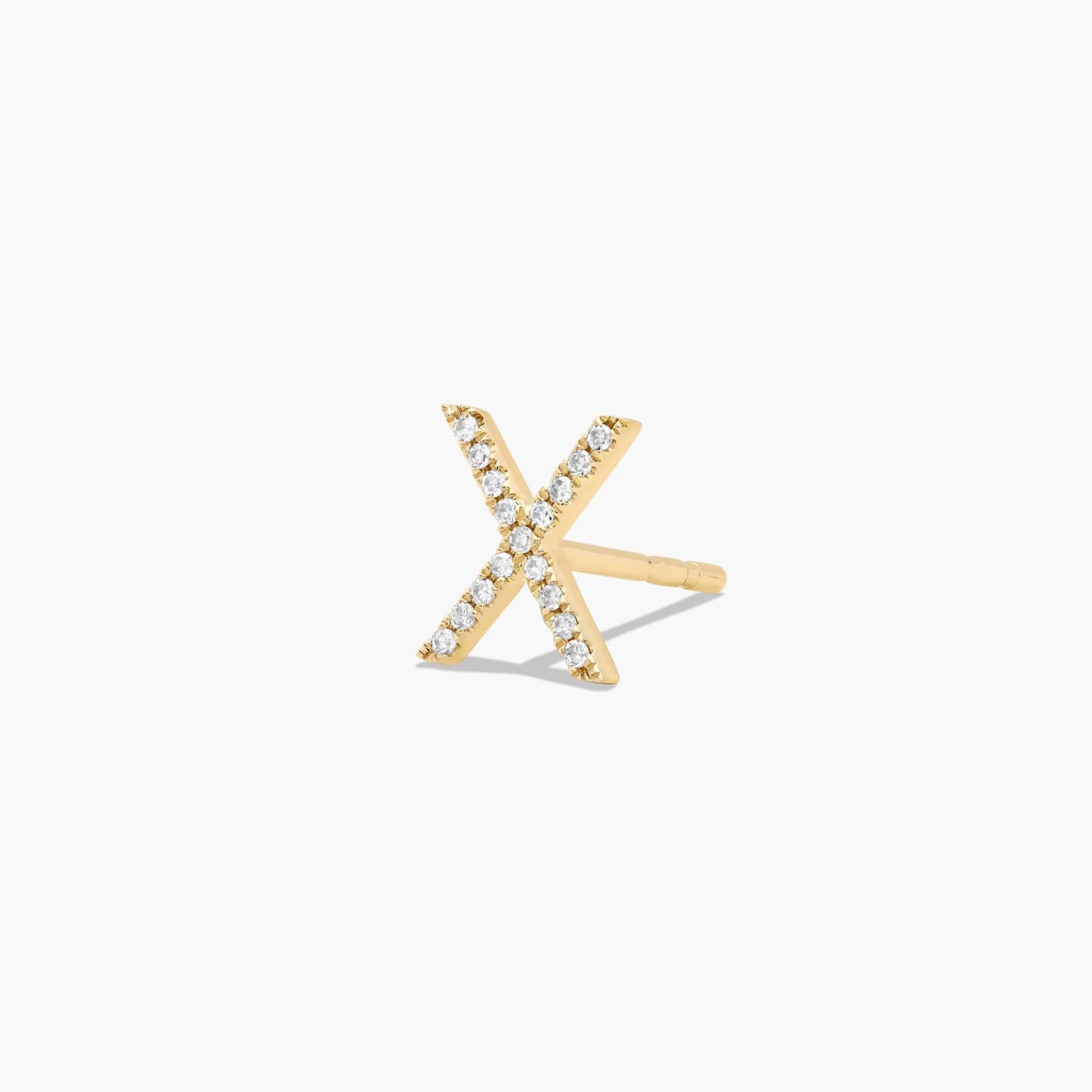 X Initial Pavé Diamond Stud Earring In 14K Yellow Gold