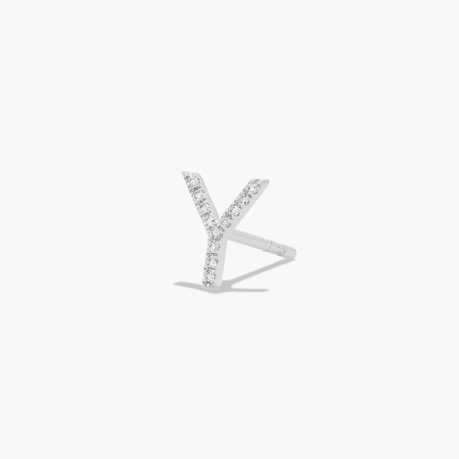Y Initial Pavé Diamond Stud Earring In 14K White Gold