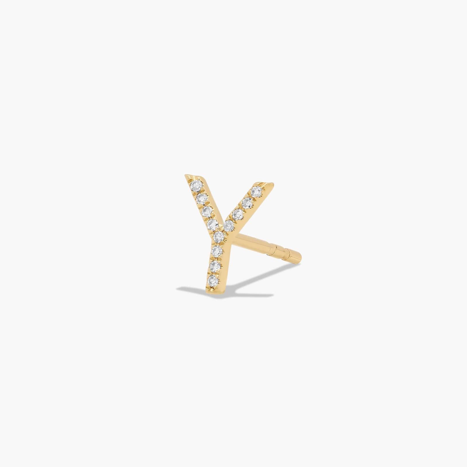 Y Initial Pavé Diamond Stud Earring In 14K Yellow Gold