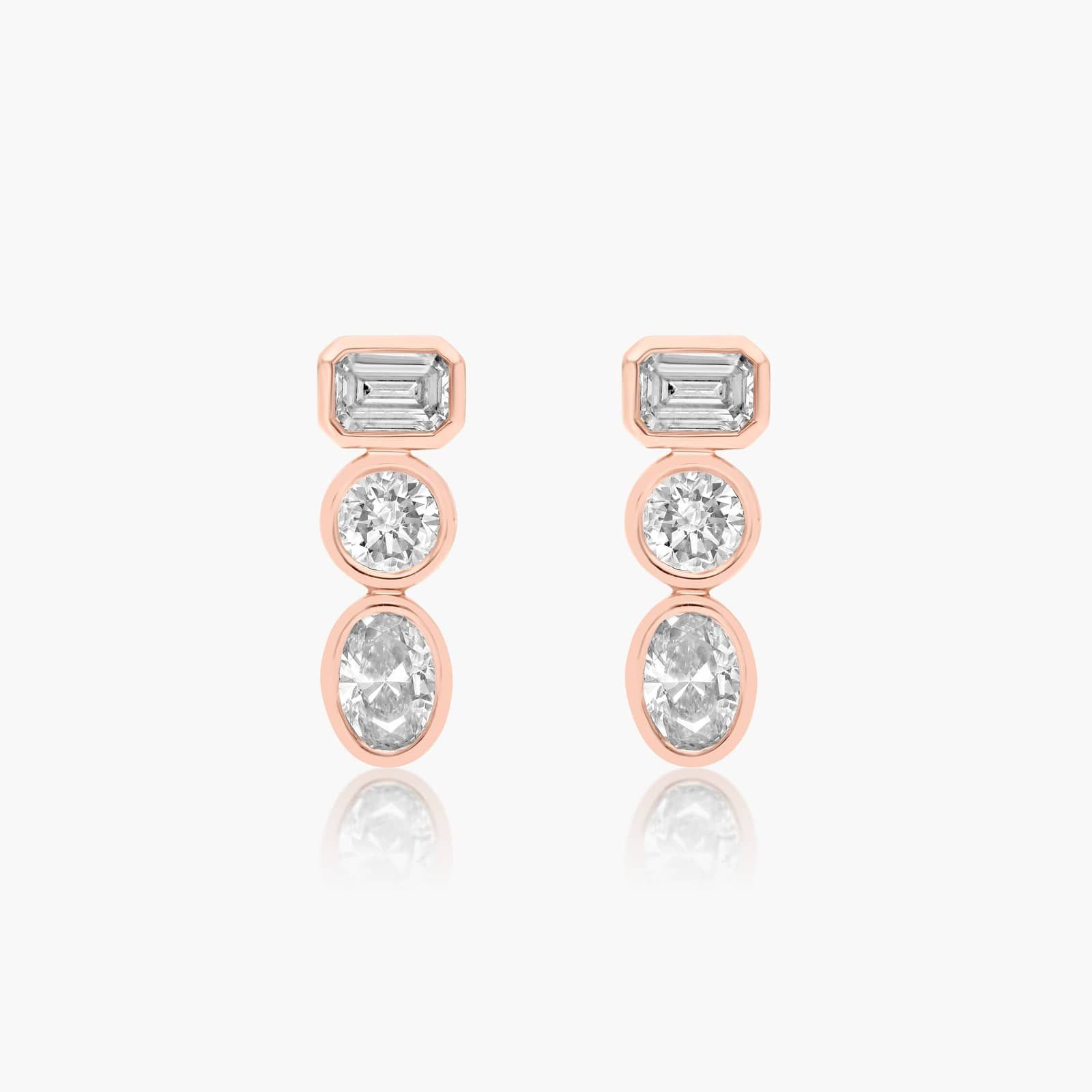 Fancy Bezel Drop Earrings With Emerald Cut, Round, and Oval Cut Diamonds In 14K Rose Gold