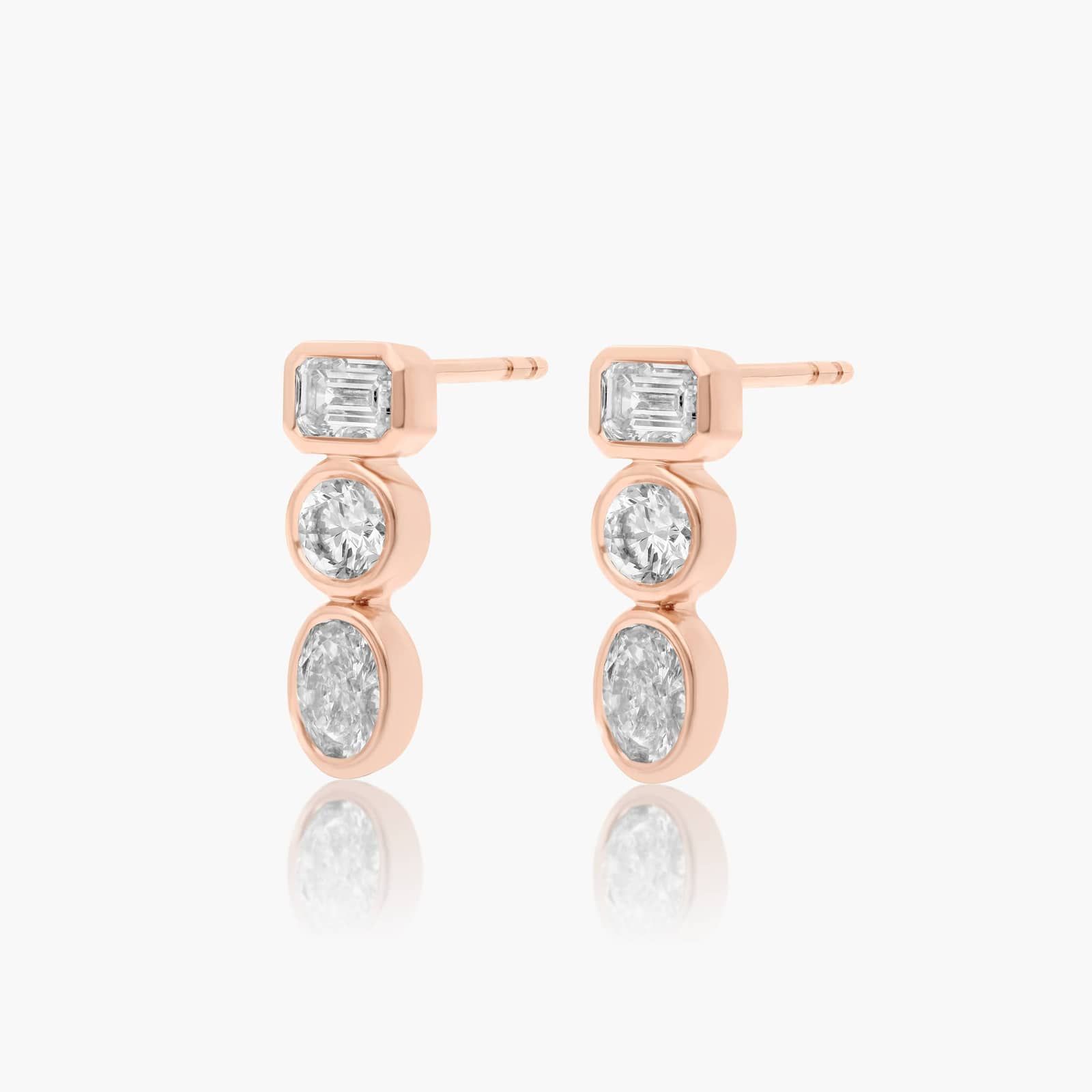 Fancy Bezel Drop Earrings With Emerald Cut, Round, and Oval Cut Diamonds In 14K Rose Gold