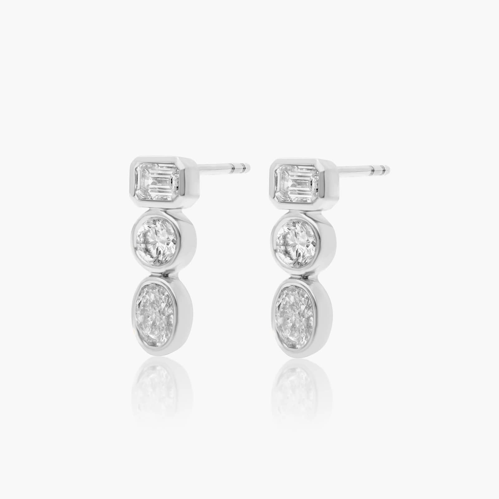 Fancy Bezel Drop Earrings With Emerald Cut, Round, and Oval Cut Lab-Grown Diamonds In 14K White Gold