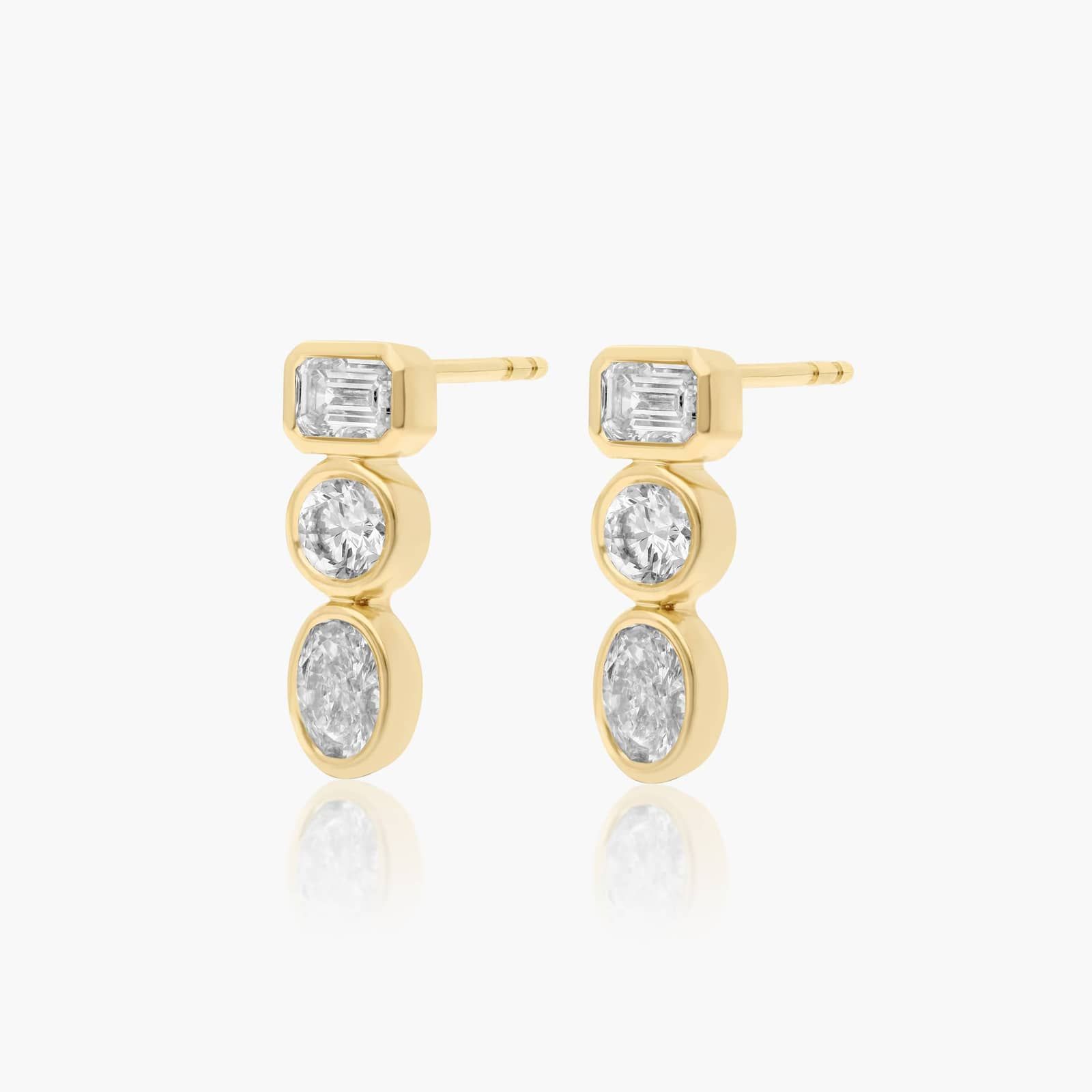 Fancy Bezel Drop Earrings With Emerald Cut, Round, and Oval Cut Lab-Grown Diamonds In 14K Yellow Gold