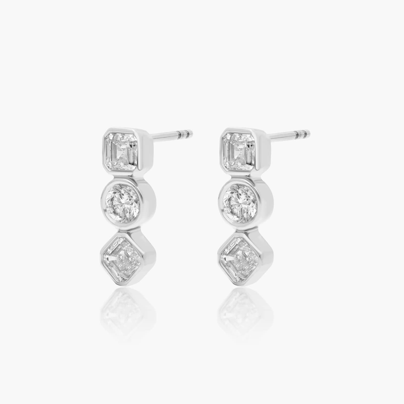 Fancy Bezel Drop Earrings With Asscher Cut and Round Lab-Grown Diamonds In 14K White Gold