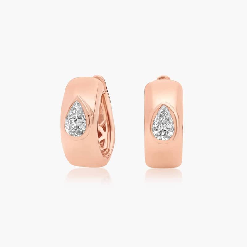 14K Rose Gold Fancy Bezels Lab Grown Pear Diamond Huggie Hoop Earrings