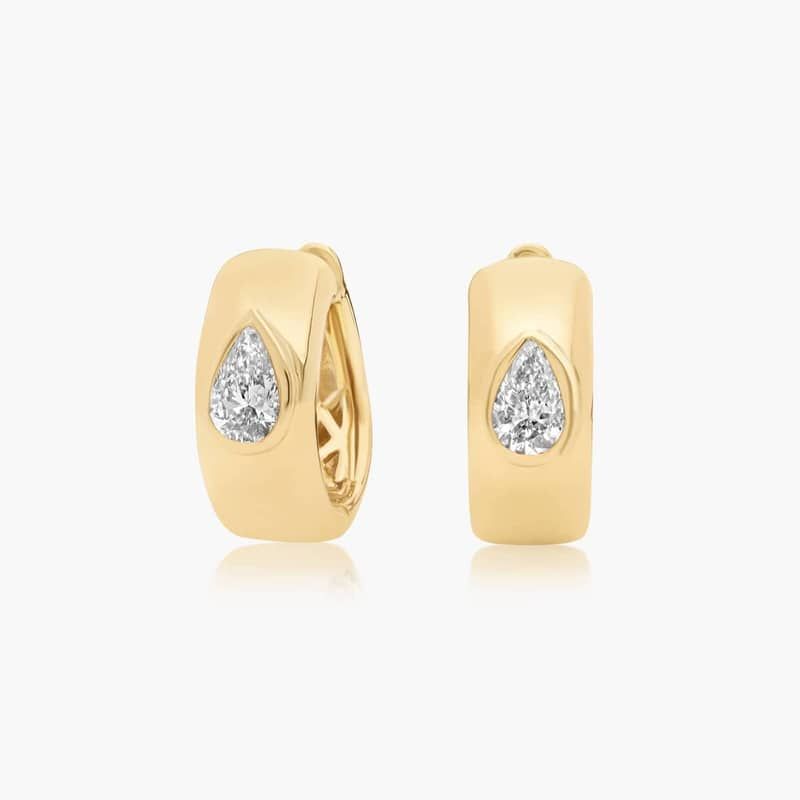 14K Yellow Gold Fancy Bezels Lab Grown Pear Diamond Huggie Hoop Earrings