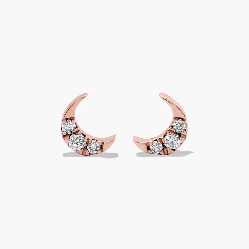 14K Rose Gold Dainty Diamonds Pavé Crescent Moon Stud Earrings