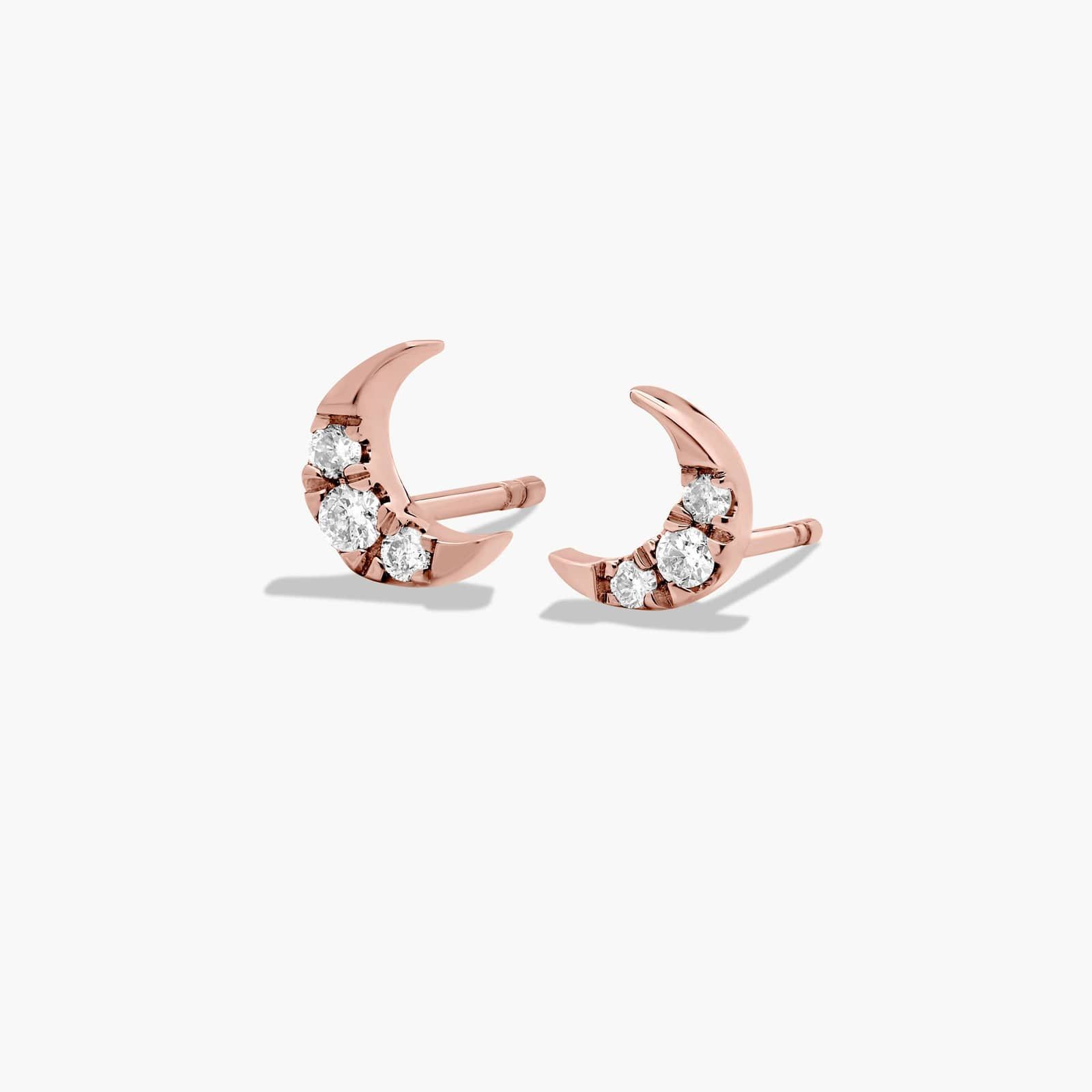 14K Rose Gold Dainty Diamonds Pavé Crescent Moon Stud Earrings