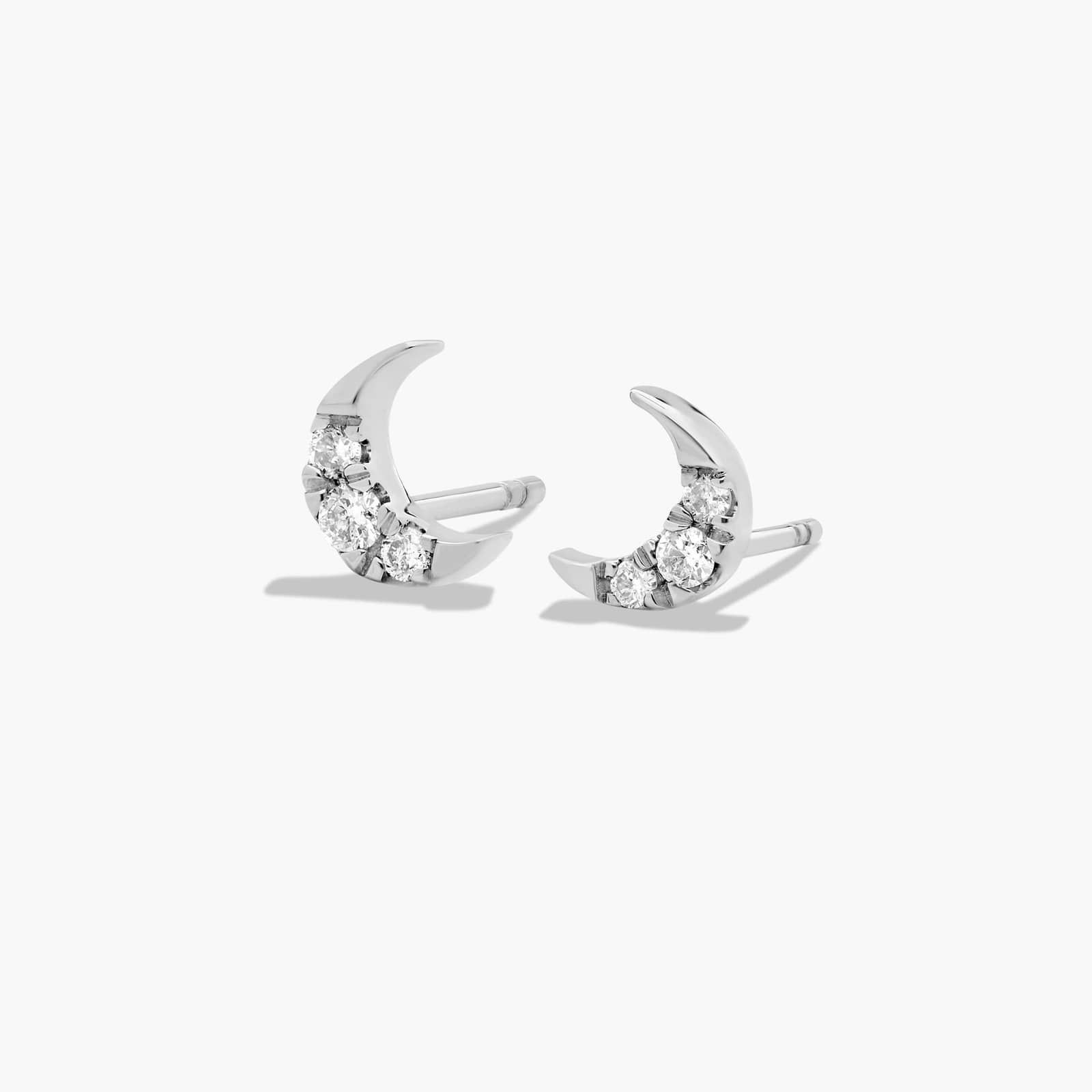14K White Gold Dainty Diamonds Pavé Crescent Moon Stud Earrings