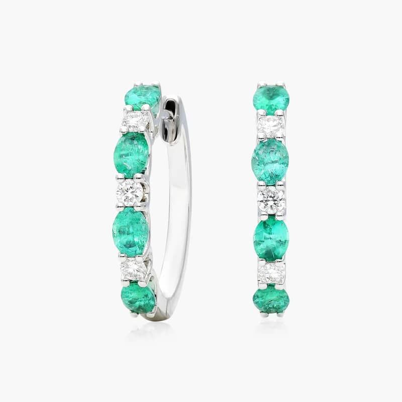 Alternating Oval Cut Emerald And Round Diamond Hoop Earrings In 14K White Gold By James Allen
