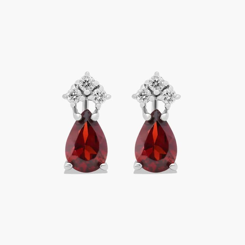 Pear Shape Garnet And Tri-Diamond Stud Earrings In 14K White Gold