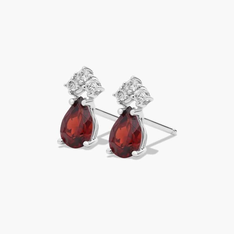 Pear Shape Garnet And Tri-Diamond Stud Earrings In 14K White Gold