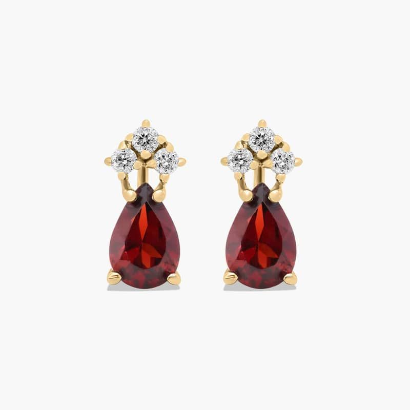 Pear Shape Garnet And Tri-Diamond Stud Earrings In 14K Yellow Gold