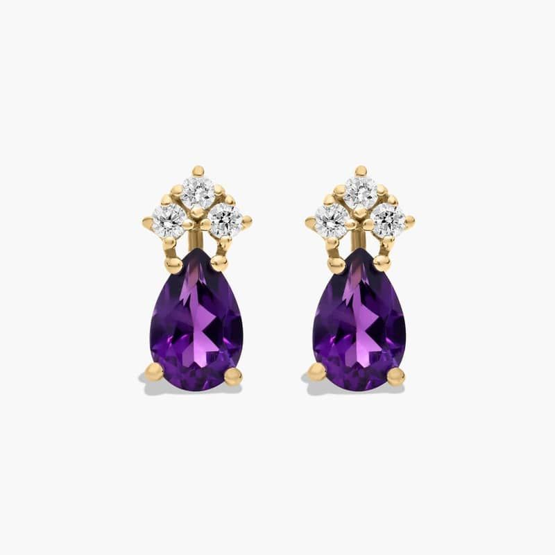Pear Shape Amethyst And Tri-Diamond Stud Earrings In 14K Yellow Gold