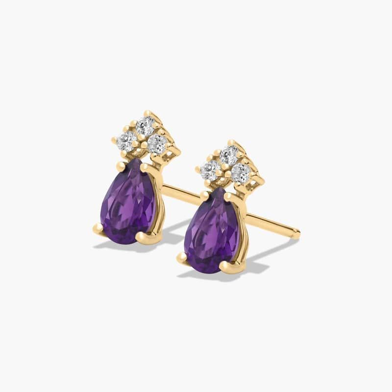 Pear Shape Amethyst And Tri-Diamond Stud Earrings In 14K Yellow Gold