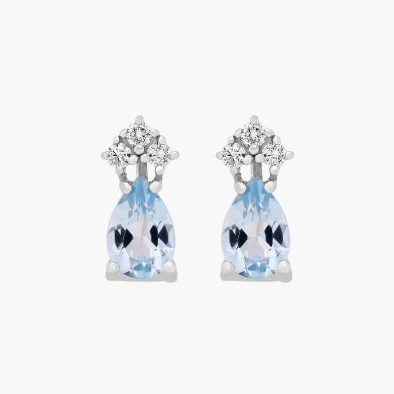Pear Shape Aquamarine And Tri-Diamond Stud Earrings In 14K White Gold