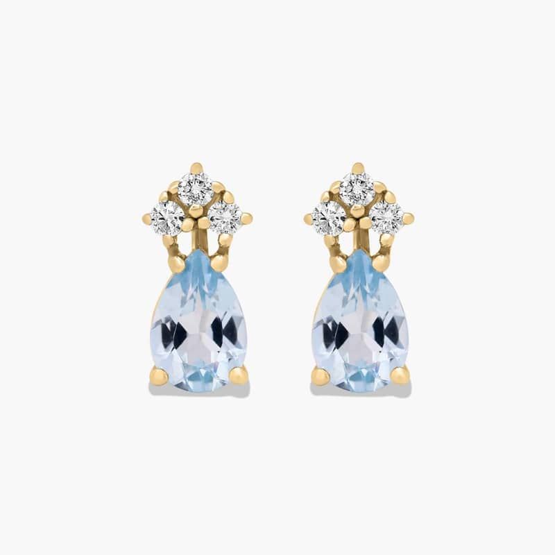 Pear Shape Aquamarine And Tri-Diamond Stud Earrings In 14K Yellow Gold