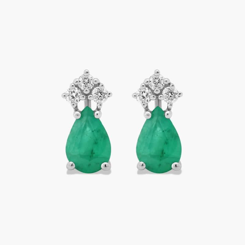 Pear Shape Emerald And Tri-Diamond Stud Earrings In 14K White Gold