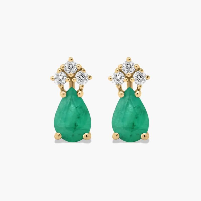 Pear Shape Emerald And Tri-Diamond Stud Earrings In 14K Yellow Gold