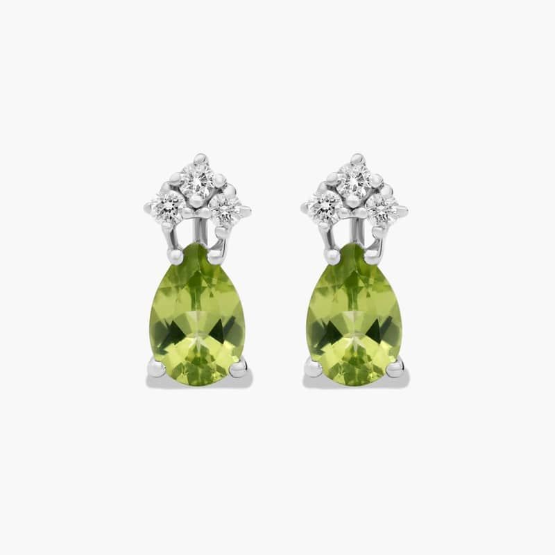 Pear Shape Peridot And Tri-Diamond Stud Earrings In 14K White Gold