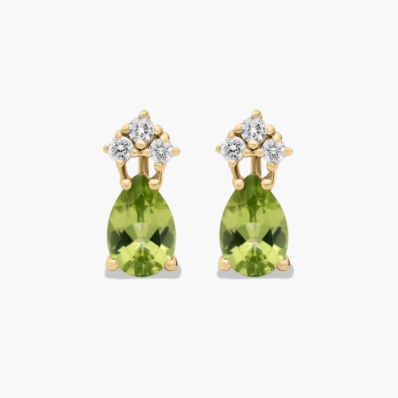 Pear Shape Peridot And Tri-Diamond Stud Earrings In 14K Yellow Gold