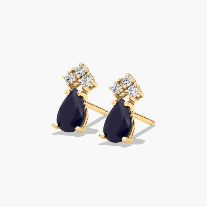 Pear Shape Sapphire And Tri-Diamond Stud Earrings In 14K Yellow Gold