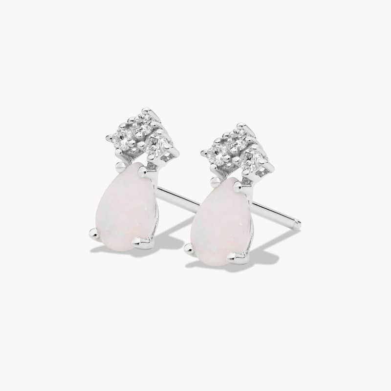 Pear Shape Opal And Tri-Diamond Stud Earrings In 14K White Gold