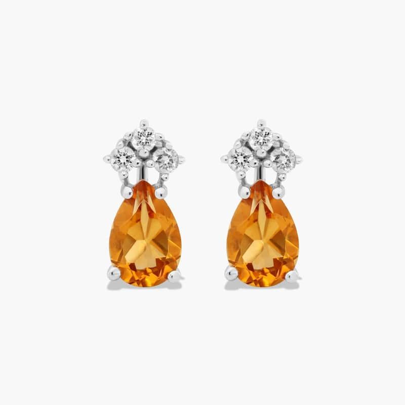 Pear Shape Citrine And Tri-Diamond Stud Earrings In 14K White Gold