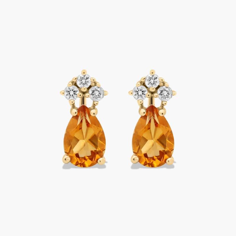 Pear Shape Citrine And Tri-Diamond Stud Earrings In 14K Yellow Gold