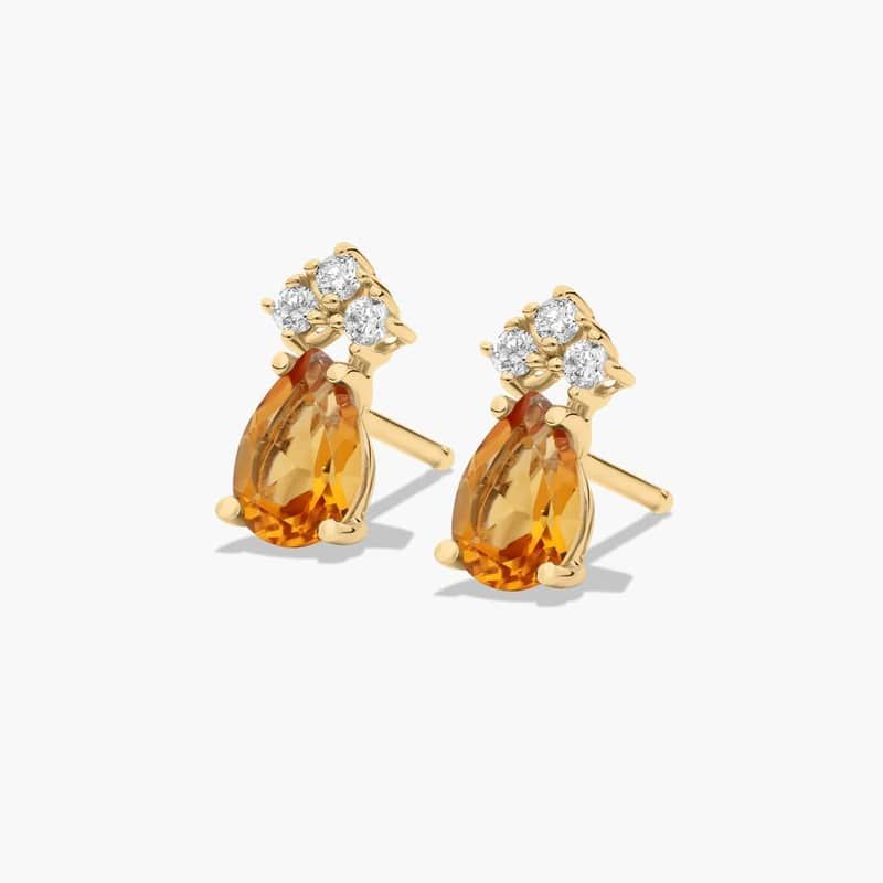 Pear Shape Citrine And Tri-Diamond Stud Earrings In 14K Yellow Gold