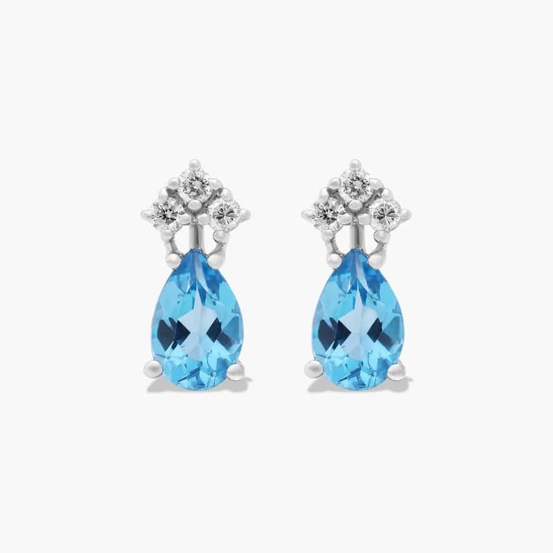 Pear Shape Swiss Blue Topaz And Tri-Diamond Stud Earrings In 14K White Gold